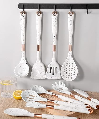 ZOTZ Juego de utensilios de cocina de chef de silicona antiadherente con soporte, mango de madera, utensilios de cocina de silicona (mármol blanco)