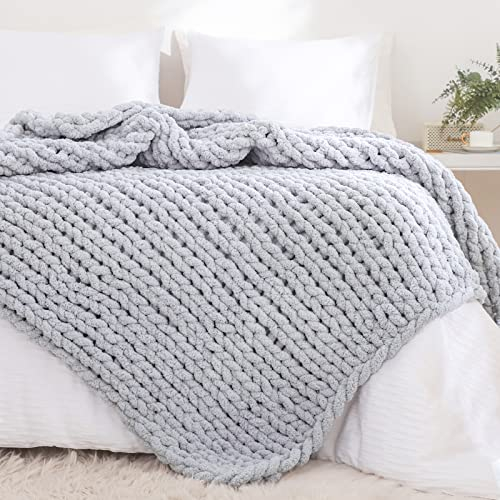 YAAPSU Grobstrickdecke, Überwurf, 60x80 cm, Chenille-Überwurfdecken, grob gestrickte Überwurfdecke für Couch und Bett, weiche, große Strickdecken, grobes Garn, große dicke Zopfstrickdecken (hellgrau)