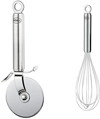 RÖSLE Pizza- und Flammkuchenschneider, Hochwertiges Pizzamesser mit stabilem Rad & Schneebesen, hochwertiger Rührbesen mit schmalem Griff, Edelstahl 18/10, Spülmaschinengeeignet, Länge 27 cm