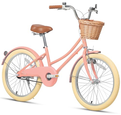 Glerc 20 Zoll Kinder Mädchen Fahrrad für 6 7 8 9 10 Jahre alt kleine Mädchen Retro Vintage-Stil Fahrräder mit Korb Training Räder und Glocke, Pfirsich