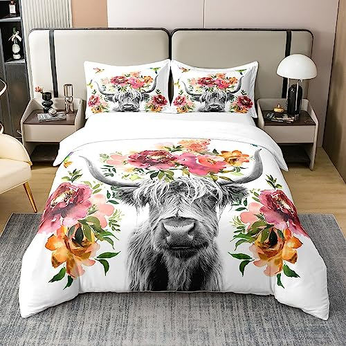 100% Baumwolle Highland Kuh Floral Bettbezug 135x200 Bull Rind Blume Bettwäsche Set Wildlife Farmhouse Kuh Tröster Bezug Kolibri Bett Sets Weiche Ganzjahres Weiße Quilt Cover mit 1 Kissenbezug