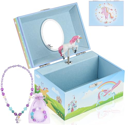 hombrima Portagioie musicale con collana e braccialetto, custodia musicale con unicorno rotante, set regalo per bambini, ragazze, bambini, figlia (blu-BLPN2301)