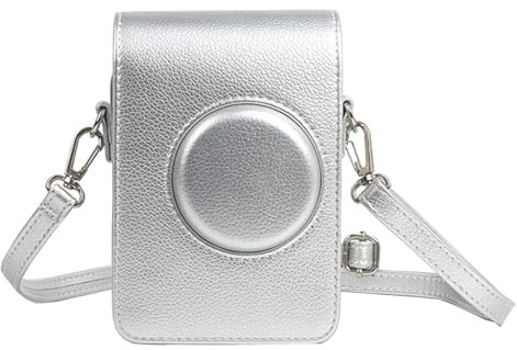 Buziba Étui de protection en cuir PU pour appareil photo instantané Fujifilm Instax Mini EVO avec bandoulière réglable Argenté