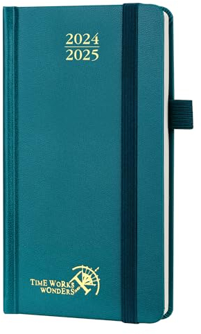 POPRUN Taschenkalender 2025 Klein Hardcover 16,5 x 9 cm (Aug.2024-Dez.2025) - Kalender 2025 Klein - Terminplaner, Planer 1 Woche 2 Seite mit Innentasche - Pazifikgrün