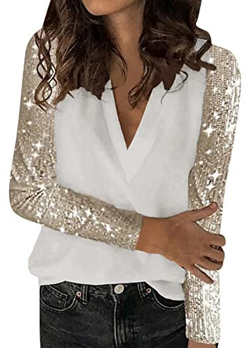 Sequin Top Women's Silver Mesh Long Sleeve Women's Blouse with Sequin Stitch and Loose V-Neck Pullover Glitter Tops Women's Long Sleeve Silver, beige, S