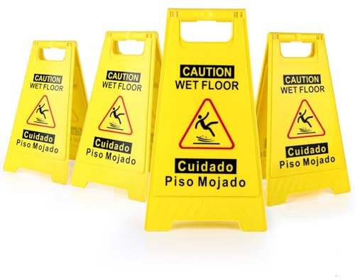 WOUSEDO Schild mit Aufschrift Caution Wet Floor, 44,5 cm hoch, hellgelb, doppelseitig, faltbar, A-förmig, Rahmen-Design, zweisprachige Warnmeldung