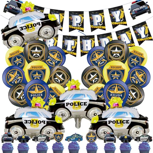 HGSHUO Polizei Geburtstag Deko Polizeiauto Folienballon Luftballons Geburtstag Tortendeko Polizei Kindergeburtstag Happy Birthday Girlande Polizei Latexballon 47 Stück