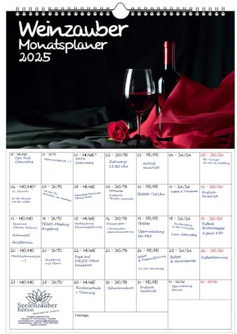 Weinzauber Planer DIN A3 Kalender für 2025 Wein und Weinberge - Geschenkset: 1x Kalender 1x Weihnachtsanhänger 1x Grußanhänger (gesamt 3 Teile)