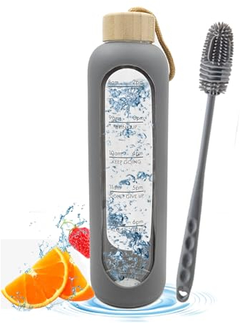 oeeo 1L Trinkflasche Glas mit Silikonhülle Bruchsicher,Wasserflasche mit Zeitmarkierungen,1 Liter Auslaufsichere Sport Glas Wasserflasche mit Bambusdeckel mit Bürste für Sport, Freizeit