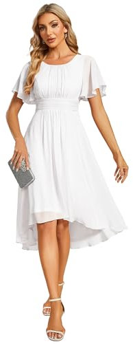 Ever-Pretty Women's Chiffon Bridesmaids Dresses Crew Neck Pleated Waist Short Sleeve Wedding Guest Dress White 10UK