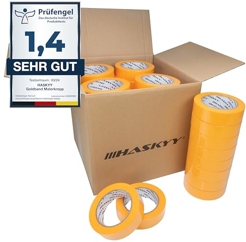 HASKYY Goldband Malerkrepp Kreppband 10x Malerband 38mm x 50m Profi Abdeckband Malertape Klebeband Washi Tape Gold Papiertape Selbstklebend