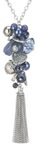 Bulinlin Silber Lange Kette Damen Silber Anhänger Kette mit Quasten Modeschmuck Kette Lang Geburtstagsgeschenk für Frauen(Blue)