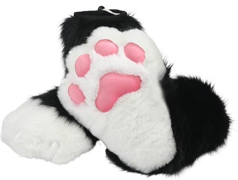 ZFKJERS Cosplay Tierkatze Kunststoffkrallen für Fursuit Füße Pfotenschuhe Pelzige Pfotenpantoffeln Erwachsene Kostüm Zubehör Set (Schwarz-Weiß)