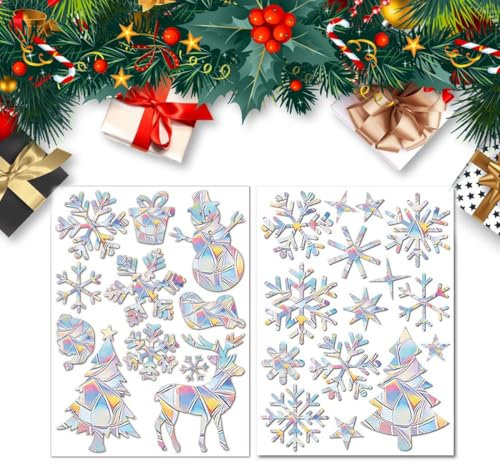 AUEFUDQ Weihnachtsdeko Fenster Suncatcher Sticker,26 Stk Weihnachten Deko Prisma Fensteraufkleber Vogelschutz,Fensterbilder Weihnachten,Schneeflocken Fensterbilder Christmas Winter Deko