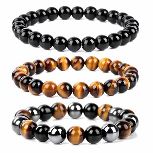 Zonoori 3 Stück Elastische Perlenarmband Herren, 8mm 10mm Tigerauge Armband Herren Perlen, Anti Stress Lavastein Armband
