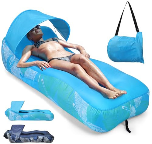 Outplea Aufblasbares Sofa mit Sonnenschirme, Luftsofa Faltbar Tragbar, Wasserdicht Camping Sofa mit Tasche, Strandliege Air Lounger mit Mesh-Rücken für Garten Strand Picknick, Himmelblaue Feder