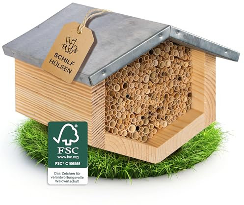 Beesi Bienenhotel mit wetterfestem Metalldach I Bienenhaus mit Schilfröhrchen I Verschiedene Durchmesser I hochwertiges Insektenhotel I ohne Splitter I artgerecht für Wildbienen