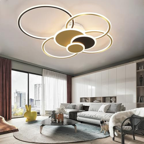 WJYCYN Dimmbare LED-Deckenleuchte mit Fernbedienung | Große Wohnzimmer 7-Ring Design,125W,Helligkeit einstellbar| Modern Wohnzimmer Schlafzimmer Deckenlamp(Gold&Schwarz,L:100 * 80cm)