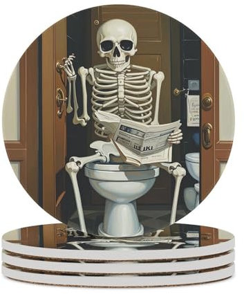 Lustige Skelett-Badezimmer-Untersetzer aus Segeltuch, 4er-Set, Keramik-Untersetzer für Getränke, saugfähige Steinmatte mit Korkboden für Tischschutz, Couchtischdekoration, Heimdekoration