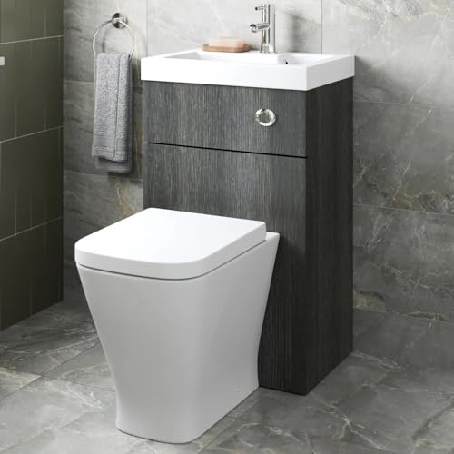 Artis® Modern Bathroom Cloakroom 2 in 1 Back to Wall BTW Toilet Wash Basin Combi Unit Space Saving Set Soft Close Seat Dual Flush Cistern, Charcoal Grey