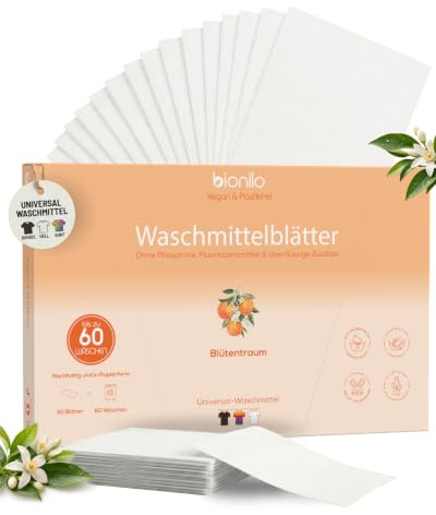 Bionilo Waschmittel-Blätter – Blütentraum-Duft – Nachhaltige, kraftvolle Reinigung, ohne Plastikverpackung, optische Aufheller & Parabene, Umweltfreundlich – Für bis zu 60 Waschladungen