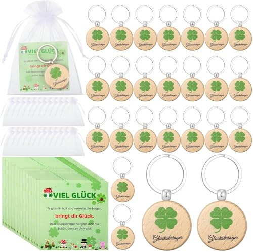 Namalu 24 Viel Glück Geschenke Set Inkl. 24 Kleeblätter Glücksbringer Schlüsselanhänger Holz Kleeblatt Glücksbringer 24 Kleeblatt Grußkarte 24 Organzabeutel für Frauen Freundin Kollegen