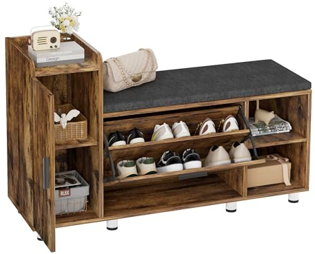 BonVache Shoe Storage Bench with Cushion, Brown Shoe Bench 105cm Lounge with 2 Shelves and 4 Compartments, Hallway Storage Unit with Seat, Living Room