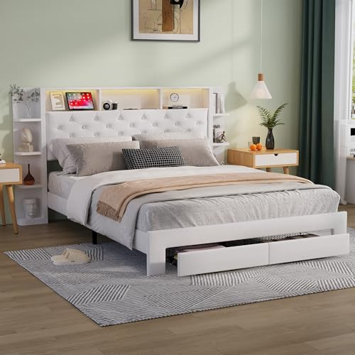 Dormely Lit 160x200 avec Sommier LED et USB, Tête de Lit avec Rangement, Lit Double pour Adultes et Adolescents, Blanc Tissu en Velours, sans Matelas
