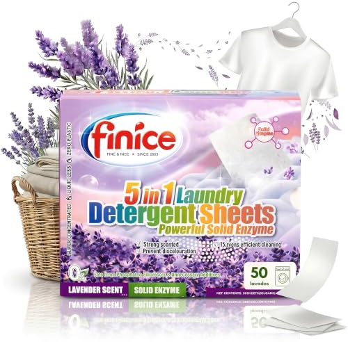 Finice Detergente en Tiras para Lavadora Quitamanchas (Hasta 100 Lavados) | Tiras Solubles con Enzimas Elimina Manchas y Olores para Ropa Blanca y de Color, Sin Residuos, Aroma Lavanda Suave
