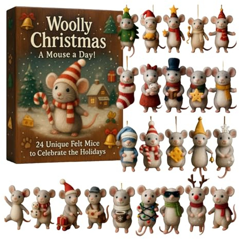 Weihnachts-Adventskalender 2025, Countdown-Kalender mit 24 Tagen Urlaubsüberraschungen, verziert mit 2D-Acrylfilz-Maus-Anhänger, geeignet für Kinder, Jungen und Mädchen (Graue Maus)