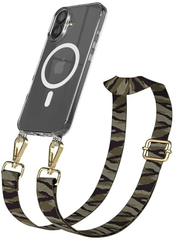 EAZY CASE Handykette - Verstellbares Taschenband kompatibel mit iPhone 17, Schulterriemen, Handykordel mit Silikon Hülle, Qi Charging kompatibel, Umhängetasche, Grün Camouflage Gold