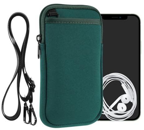kwmobile Estuche de Neopreno Universal para Smartphone - Funda con Cuerda Doble Cremallera mosquetón para Llaves y Bolsillos - Verde Oscuro
