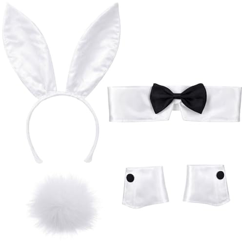 SSKHE Ensemble Déguisement de Lapin pour Femmes avec Serre-tête à Oreilles de Lapin, Collier Papillon, Poignets et Queue de Lapin pour Femmes Adultes et Hommes pour Déguisement, Cosplay, Déguisement