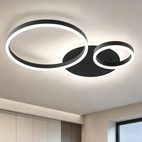 Qamra 64cm 2 Ringe Moderne Schwarze LED Deckenlampe | 4000K Neutralweiß Deckenleuchte aus Metall und Acryl für Wohnzimmer,Schlafzimmer,Esszimmer,Büro