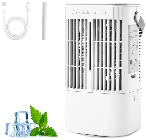 Roadtime Climatizador evaporativo portátil USB-C, mini ventilador & LED RGB | con humidificador 900ml, aire frío 3 velocidades, oscilante, temporizador 2/4h, silencioso, uso hogar oficina dormitorio