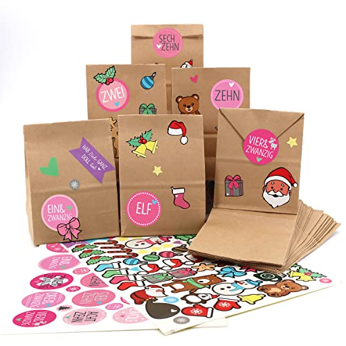 OWLBOOK® Adventskalender zum Befüllen | Adventskalender 2024 Tüten | Weihnachtskalender zum befüllen | 24 Papiertüten mit Aufkleber | Geschenktüten zu Weihnachten