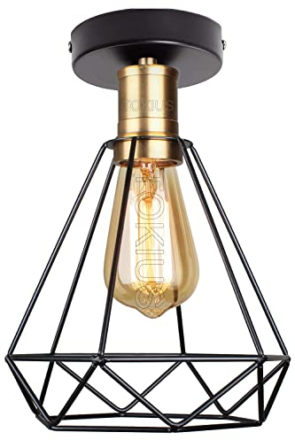 TOKIUS Deckenlampe, 20CM Vintage Deckenleuchte im Industrial Design Retro E27 Lampe aus Eisen Käfig Pendelleuchte Schwarz Messing (Deckenlampe Ø20cm)