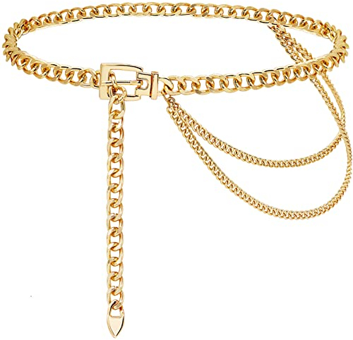 Suyi Kettengürtel für Damen Mädchen Gold Metall Taillenkette Mehrschichtige Klobige Kettengürtel für Das Kleid 110CM Gold