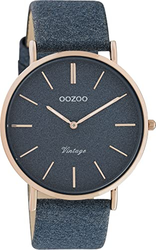 Oozoo Montre-bracelet vintage pour femme avec cadran pailleté et bracelet en cuir plat de 40 mm de diamètre dans différentes variantes, or rose, bleu foncé, paillettes, bracelet