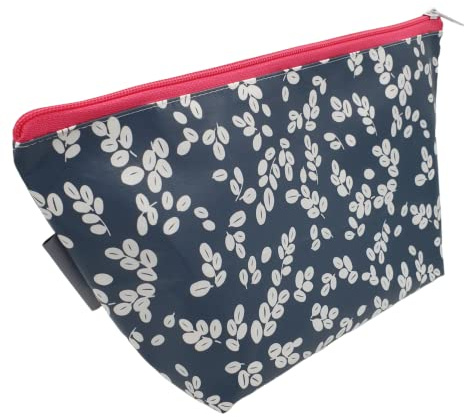 Große Kosmetiktasche ausWachstuch - für Schminke/Make-Up/Shampoo/Bürste/Kamm/Zahnbürste - Kosmetik-Tasche XXL - Blüten blaugrau mit pink-