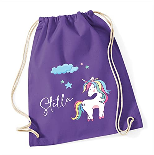Turnbeutel Mädchen mit Namen Einhorn | Motiv Unicorn Wolke Sterne | Personalisierter Stoffbeutel mit Kordel (lila)