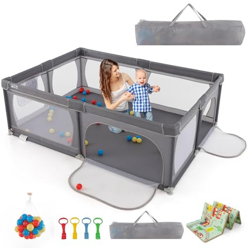 COSTWAY 205 x 147cm Laufstall baby mit Matratze, Laufstall baby faltbar, Laufgitter mit 50 Bällen, 2 Türen, atmungsaktivem Netz & Reißverschluss, Laufgitterzelt für Säuglinge & Kleinkinder(Dunkelgrau)