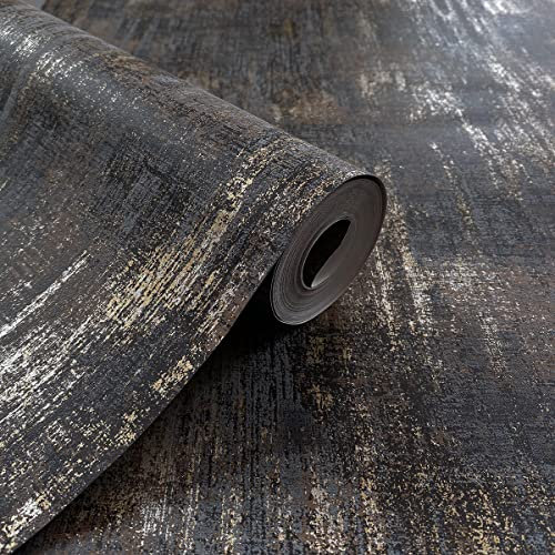 ecoartheating Distressed Wallpaper Industrial Metallic Wall Paper Non-Woven, Charcoal & Gold