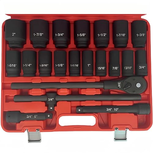 TONYNOL Jumbo-Steckschlüsselsatz, 3/4-Zoll-Antrieb, 6-kant, SAE (3/4 Zoll bis 5,1 cm), 21-teilig, Cr-Mo-Stahl, Cr-Mo-Stahl, inklusive Adapter und Schnellspann-Ratschenschlüssel, mit