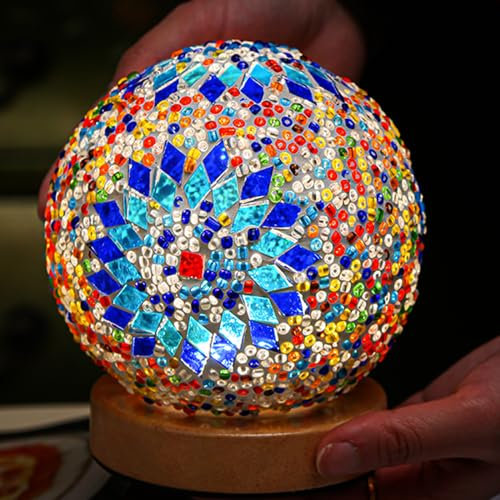 HAIDOLIANG Lámpara de mesa turca (11.9 cm de profundidad x 13.2 cm de alto), lámparas de cristal de mosaico con base de madera, lámparas bohemias Tiffany, linterna marroquí de alimentación USB para