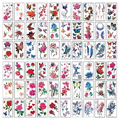 UMCHU 60 Blatt Tattoo Aufkleber für Frauen Sortierte Blumen und Schmetterlinge Tattoo Aufkleber,Realistische Fake Tattoos,Wasserdicht Temporäre Tattoo Aufkleber
