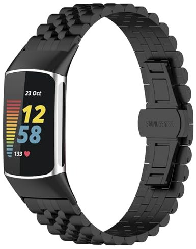 KAREN66 Metall Armband Kompatibel mit Fitbit Charge 6 Armband/Charge 5 Armband, Edelstahl Ersatzarmband Uhrenarmband für Damen Herren (Schwarz)