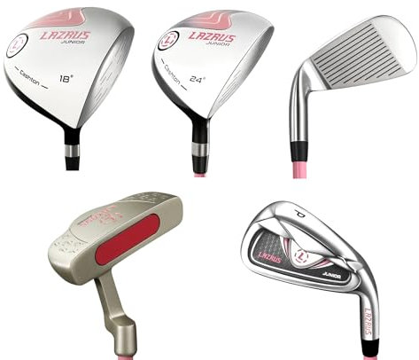 LAZRUS GOLF Premium Kinder-Golfschläger-Set oder Einzelpersonen für Jungen oder Mädchen – Junior-Golfschläger – Driver, Fairway-Holz, 7 Eisen, PW, Putter – Blau oder Pink (Alter 6–9) Pink RH