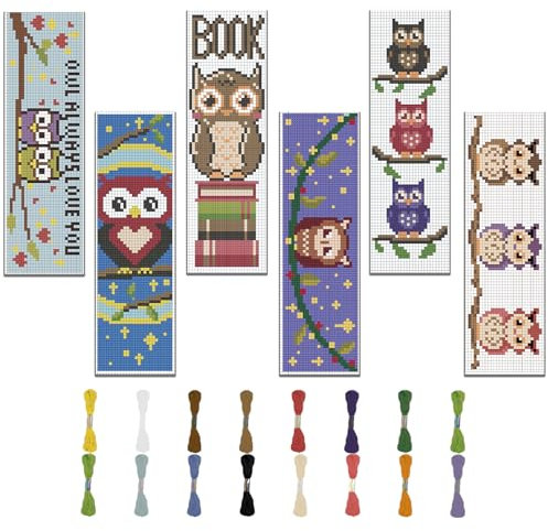 FREEBLOSS 6 Set Lesezeichen Kreuzstich Kits Kreuzstich Set Stickbilder Kreuzstich Eulenmuster Lesezeichen Sticken Stickset Für Anfänger