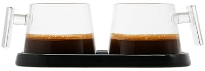 Pure Over Espressotassen aus Glas, 2-teiliges Kaffeebecher-Set, Keramik-Untersetzer, leicht zu reinigen, aus Borosilikatglas, hitzebeständig (2er-Set), Demitasse (schwarzer Keramik-Untersetzer)